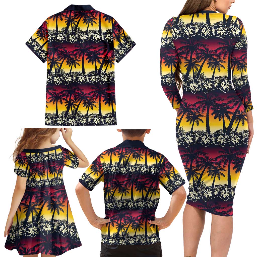 Hawaii Hibiscus Palm Tree Sunset Family Matching Long Sleeve Bodycon Dress and Hawaiian Shirt Tropical Style - Wonder Print Shop