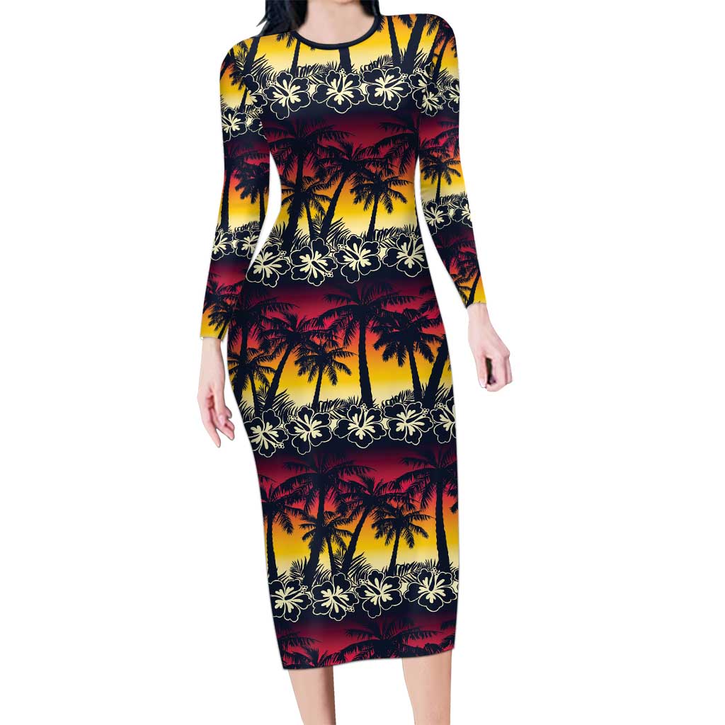 Hawaii Hibiscus Palm Tree Sunset Family Matching Long Sleeve Bodycon Dress and Hawaiian Shirt Tropical Style - Wonder Print Shop