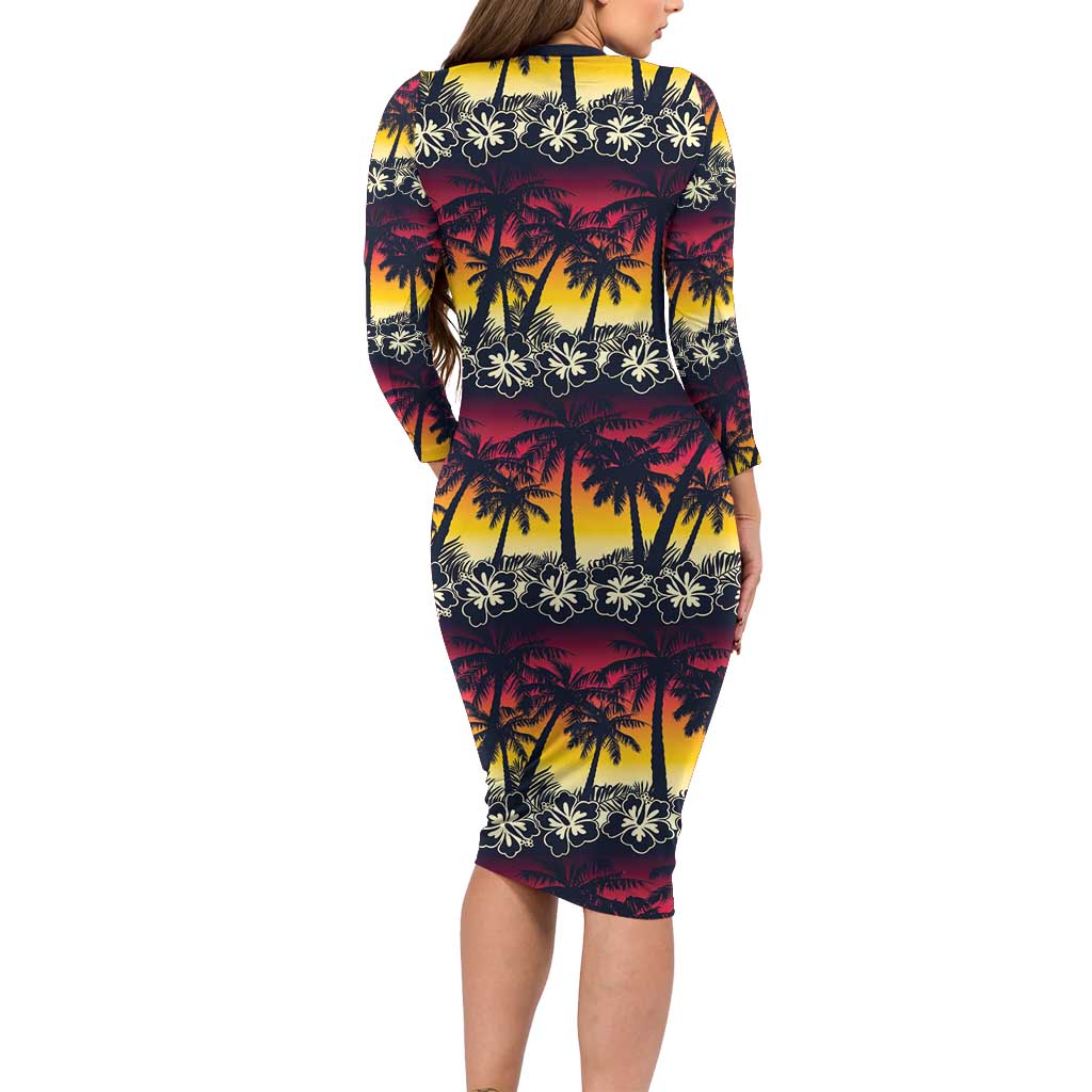 Hawaii Hibiscus Palm Tree Sunset Family Matching Long Sleeve Bodycon Dress and Hawaiian Shirt Tropical Style - Wonder Print Shop