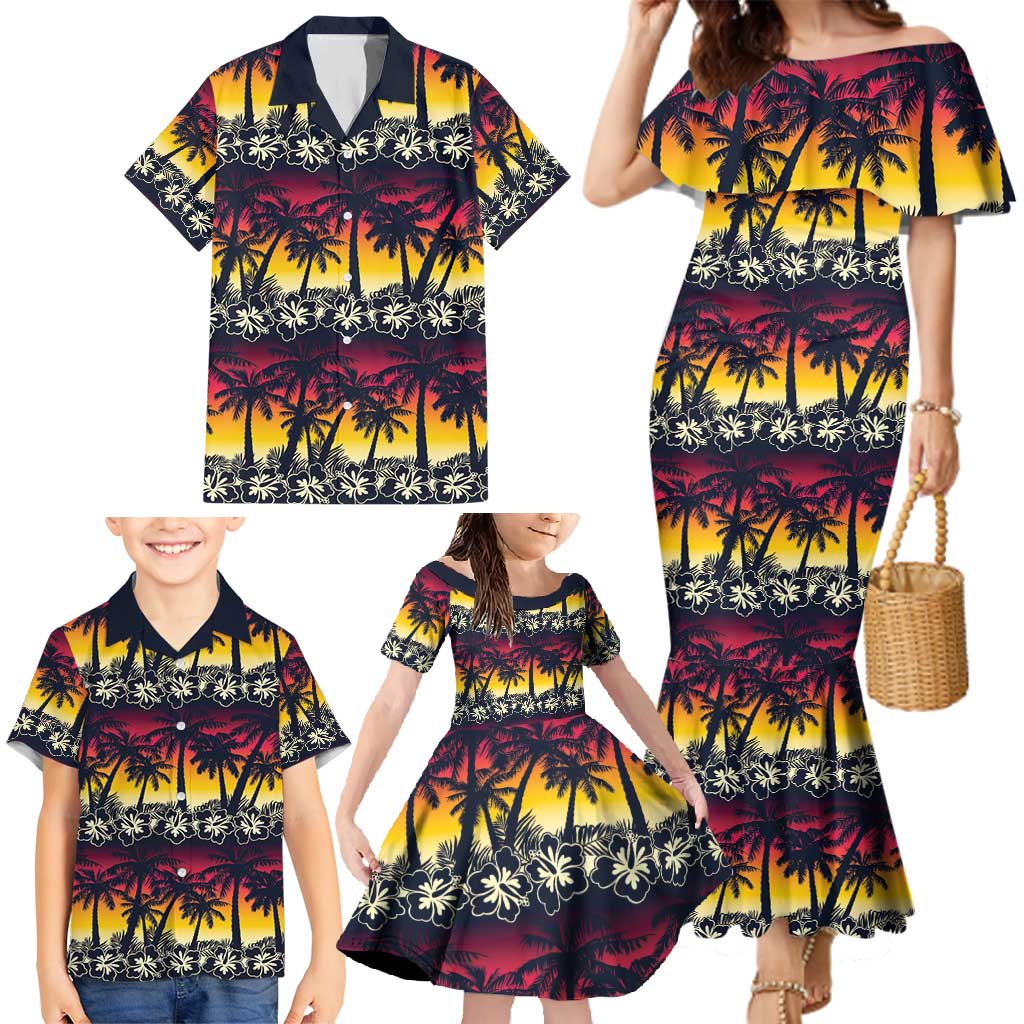 Hawaii Hibiscus Palm Tree Sunset Family Matching Mermaid Dress and Hawaiian Shirt Tropical Style - Wonder Print Shop
