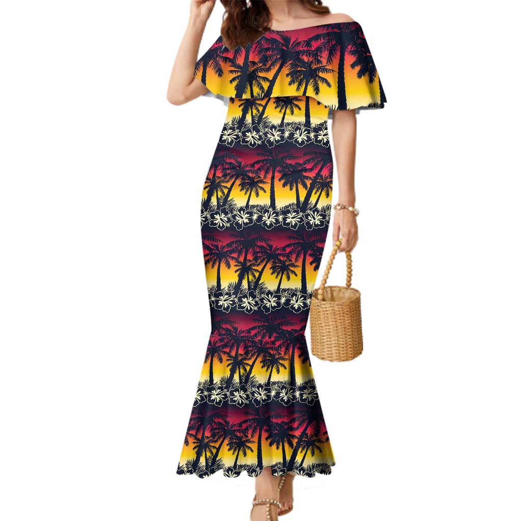 Hawaii Hibiscus Palm Tree Sunset Family Matching Mermaid Dress and Hawaiian Shirt Tropical Style - Wonder Print Shop