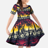Hawaii Hibiscus Palm Tree Sunset Family Matching Off The Shoulder Long Sleeve Dress and Hawaiian Shirt Tropical Style - Wonder Print Shop