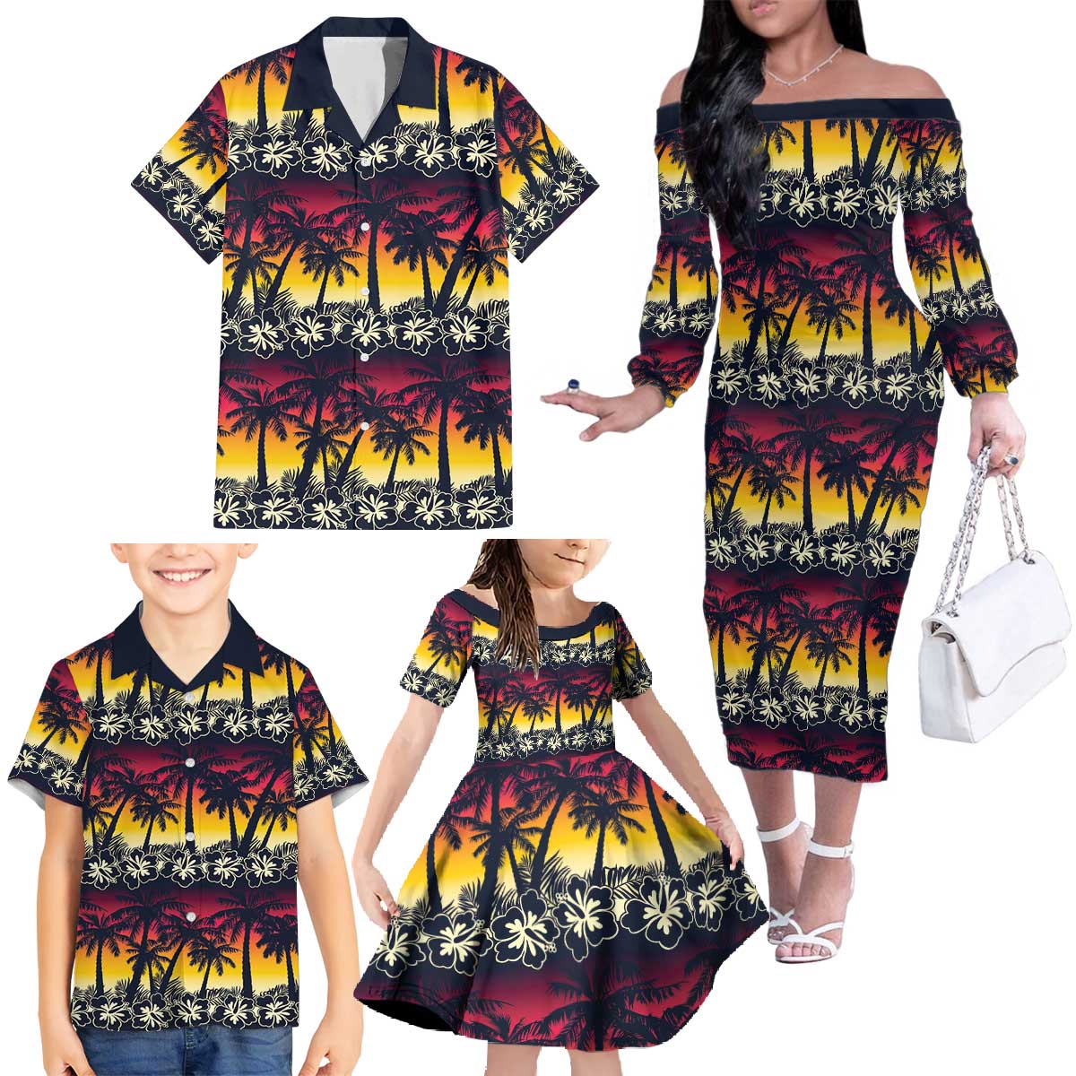 Hawaii Hibiscus Palm Tree Sunset Family Matching Off The Shoulder Long Sleeve Dress and Hawaiian Shirt Tropical Style - Wonder Print Shop