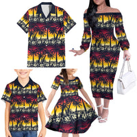 Hawaii Hibiscus Palm Tree Sunset Family Matching Off The Shoulder Long Sleeve Dress and Hawaiian Shirt Tropical Style - Wonder Print Shop
