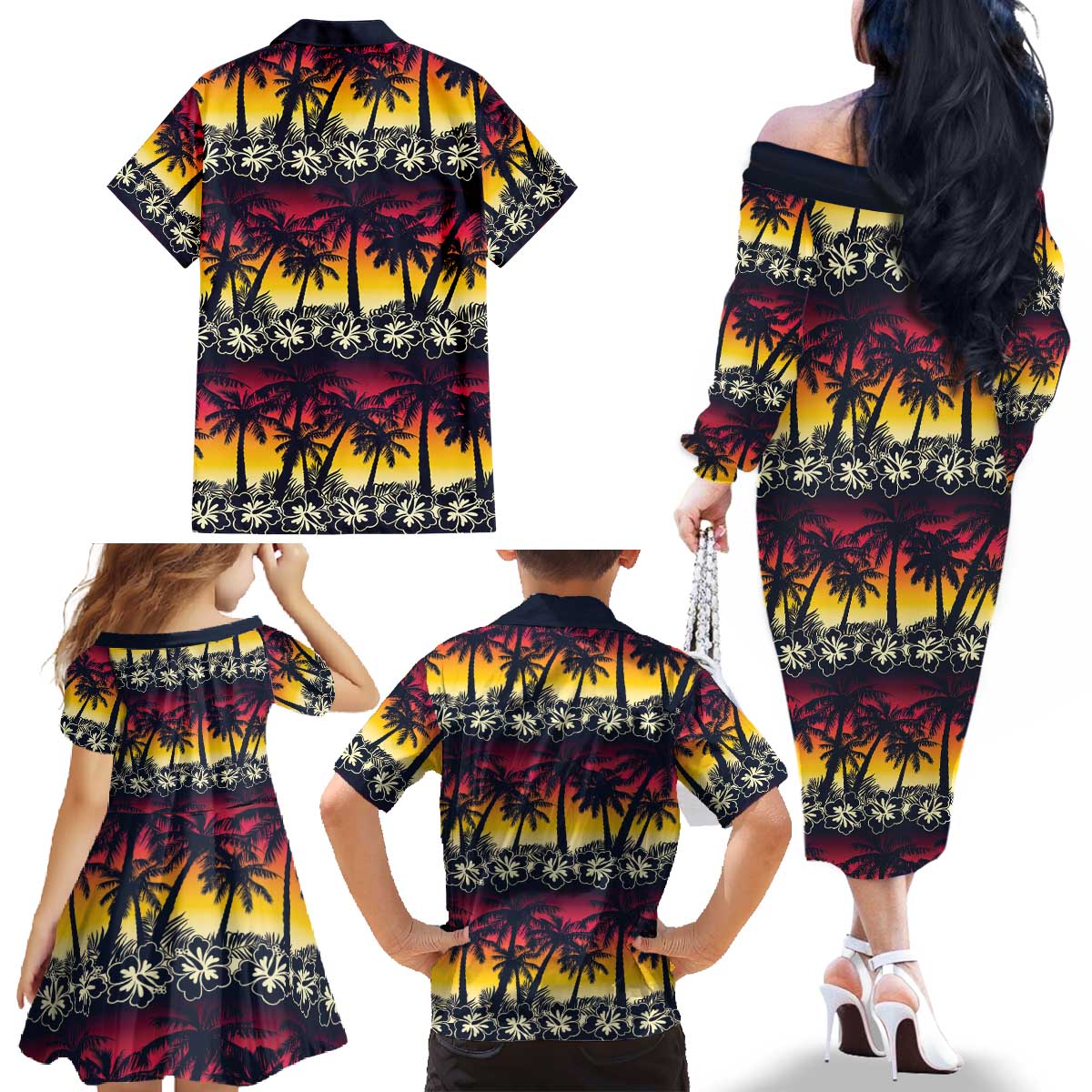 Hawaii Hibiscus Palm Tree Sunset Family Matching Off The Shoulder Long Sleeve Dress and Hawaiian Shirt Tropical Style - Wonder Print Shop