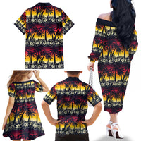 Hawaii Hibiscus Palm Tree Sunset Family Matching Off The Shoulder Long Sleeve Dress and Hawaiian Shirt Tropical Style - Wonder Print Shop
