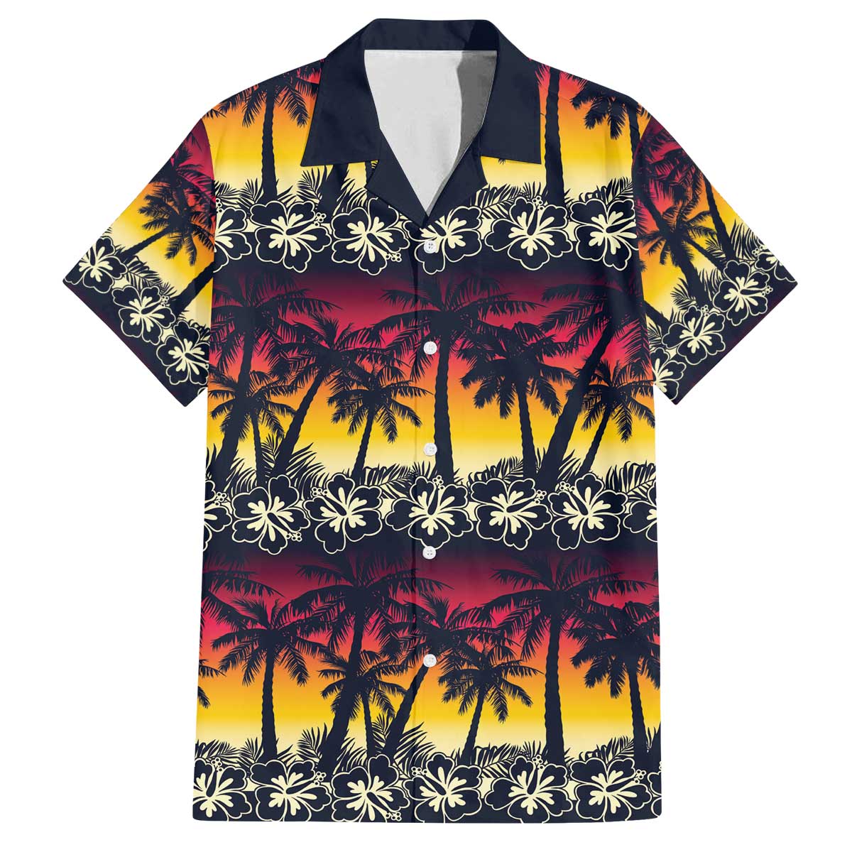 Hawaii Hibiscus Palm Tree Sunset Family Matching Off The Shoulder Long Sleeve Dress and Hawaiian Shirt Tropical Style - Wonder Print Shop