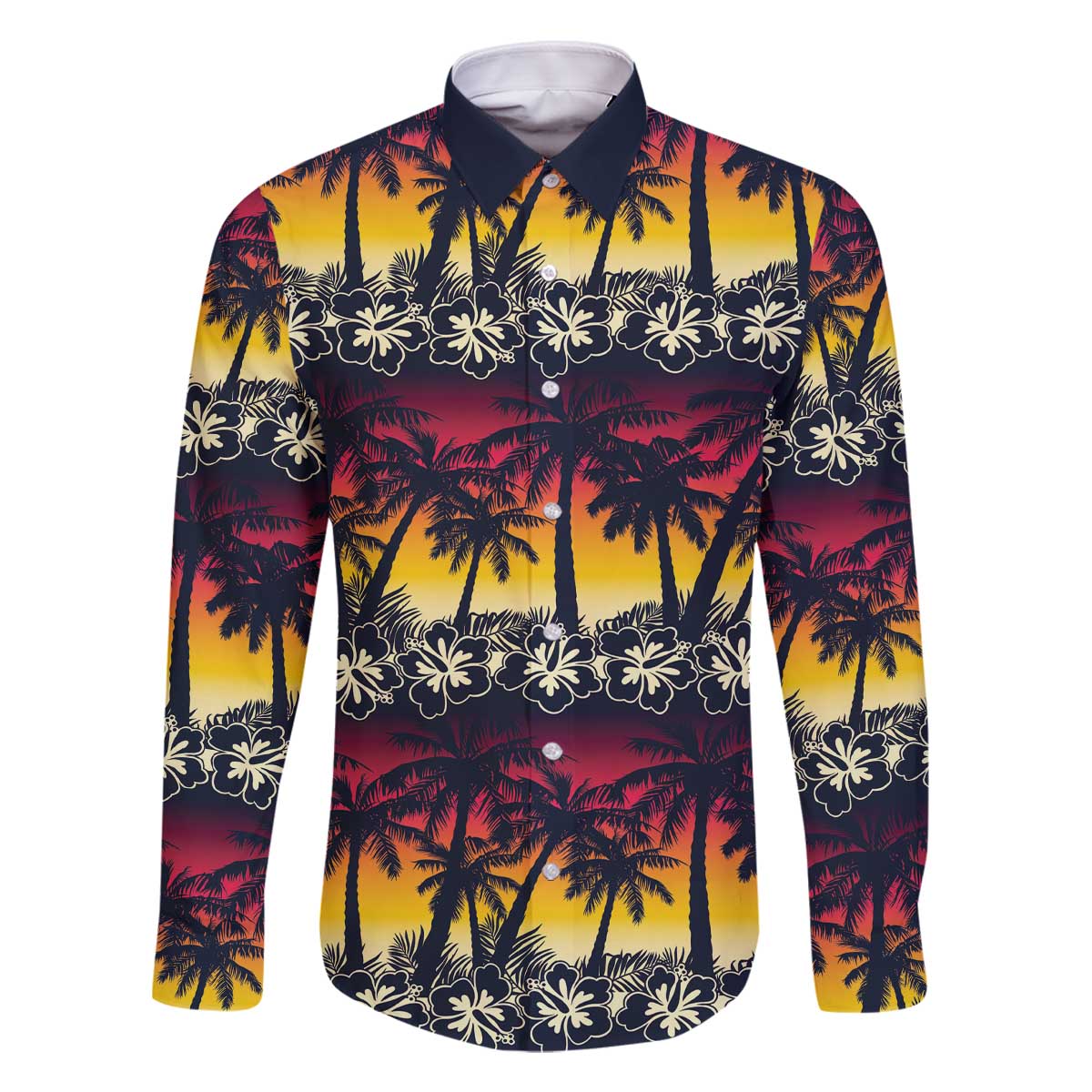 Hawaii Hibiscus Palm Tree Sunset Family Matching Off The Shoulder Long Sleeve Dress and Hawaiian Shirt Tropical Style - Wonder Print Shop