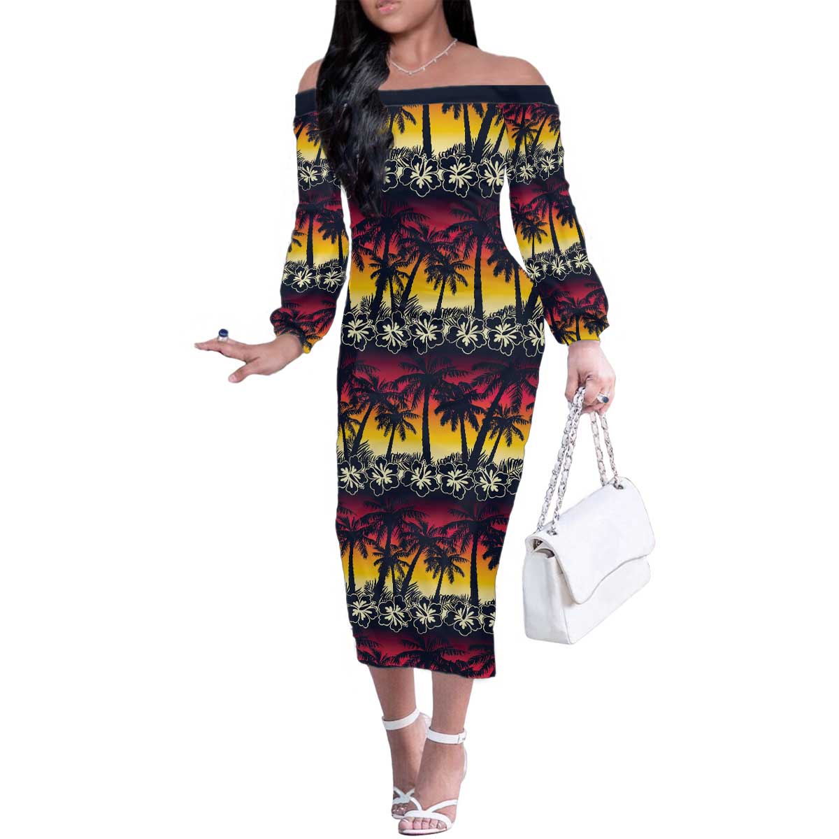 Hawaii Hibiscus Palm Tree Sunset Family Matching Off The Shoulder Long Sleeve Dress and Hawaiian Shirt Tropical Style - Wonder Print Shop
