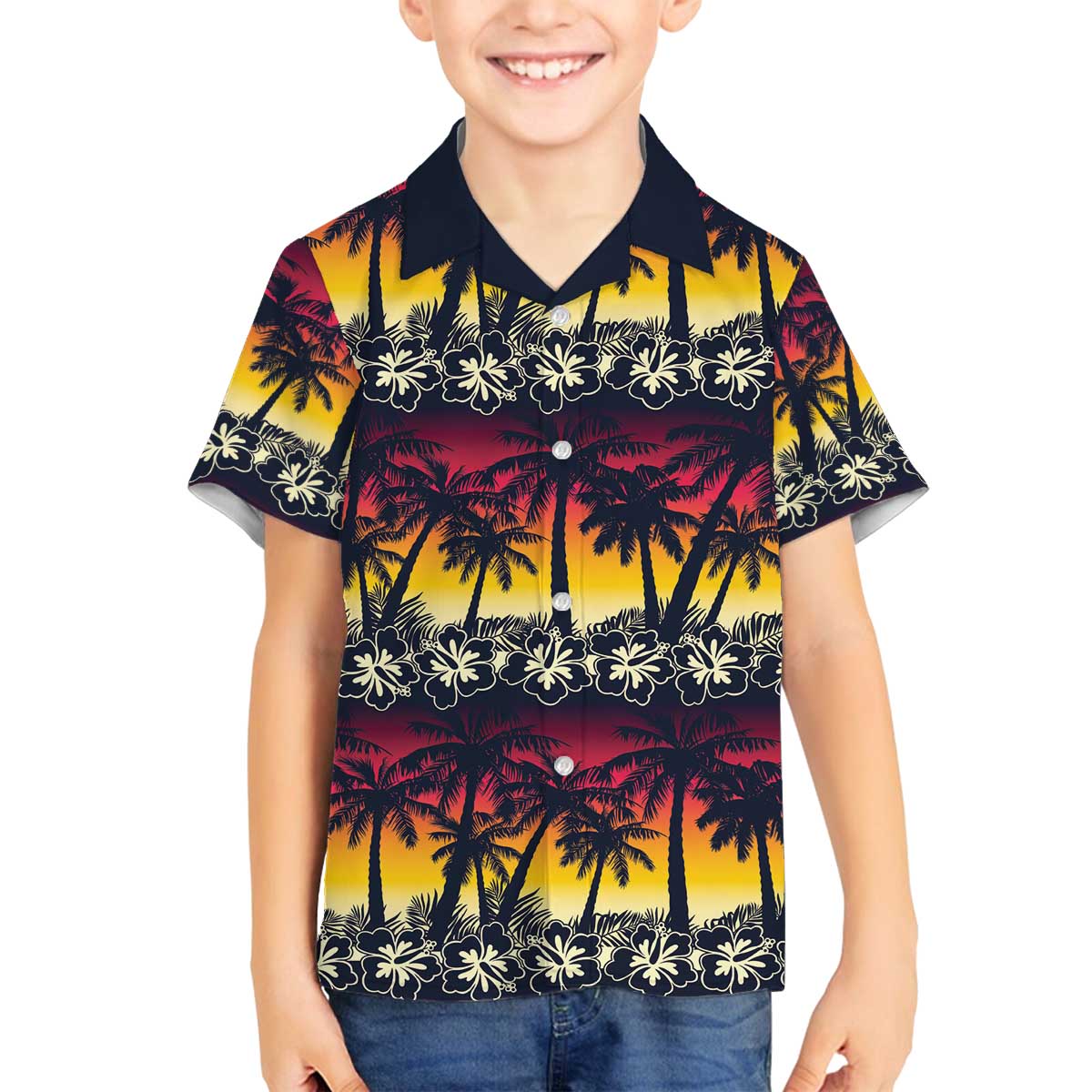 Hawaii Hibiscus Palm Tree Sunset Family Matching Off The Shoulder Long Sleeve Dress and Hawaiian Shirt Tropical Style - Wonder Print Shop