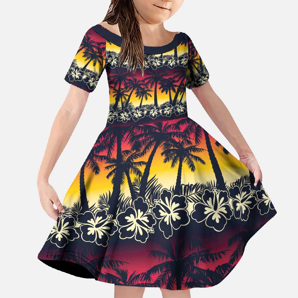 Hawaii Hibiscus Palm Tree Sunset Family Matching Off Shoulder Maxi Dress and Hawaiian Shirt Tropical Style - Wonder Print Shop