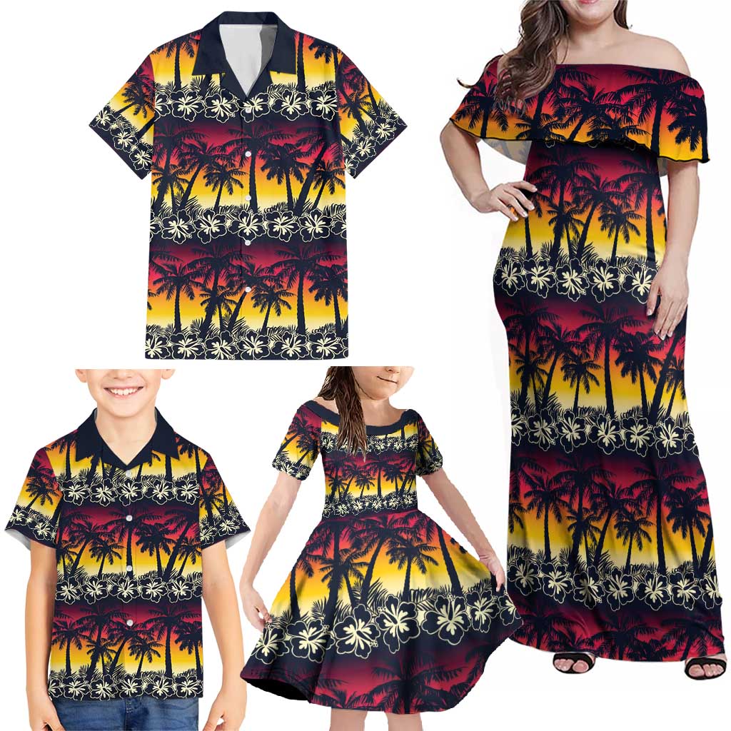 Hawaii Hibiscus Palm Tree Sunset Family Matching Off Shoulder Maxi Dress and Hawaiian Shirt Tropical Style - Wonder Print Shop