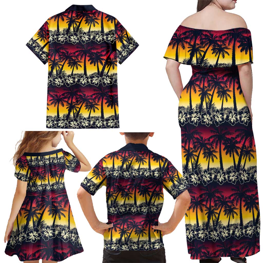 Hawaii Hibiscus Palm Tree Sunset Family Matching Off Shoulder Maxi Dress and Hawaiian Shirt Tropical Style - Wonder Print Shop