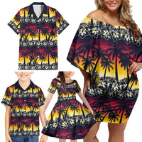 Hawaii Hibiscus Palm Tree Sunset Family Matching Off Shoulder Short Dress and Hawaiian Shirt Tropical Style - Wonder Print Shop