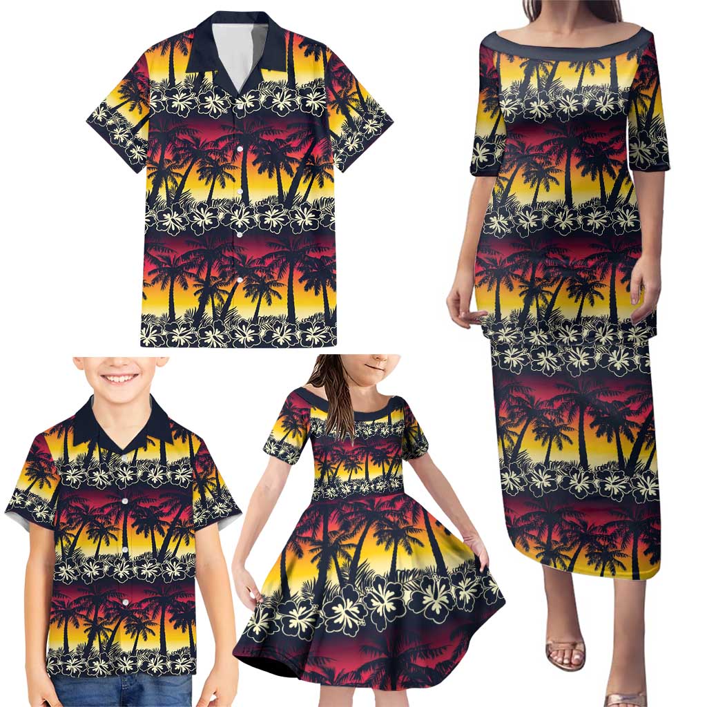 Hawaii Hibiscus Palm Tree Sunset Family Matching Puletasi and Hawaiian Shirt Tropical Style - Wonder Print Shop