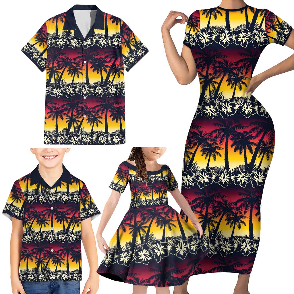 Hawaii Hibiscus Palm Tree Sunset Family Matching Short Sleeve Bodycon Dress and Hawaiian Shirt Tropical Style - Wonder Print Shop
