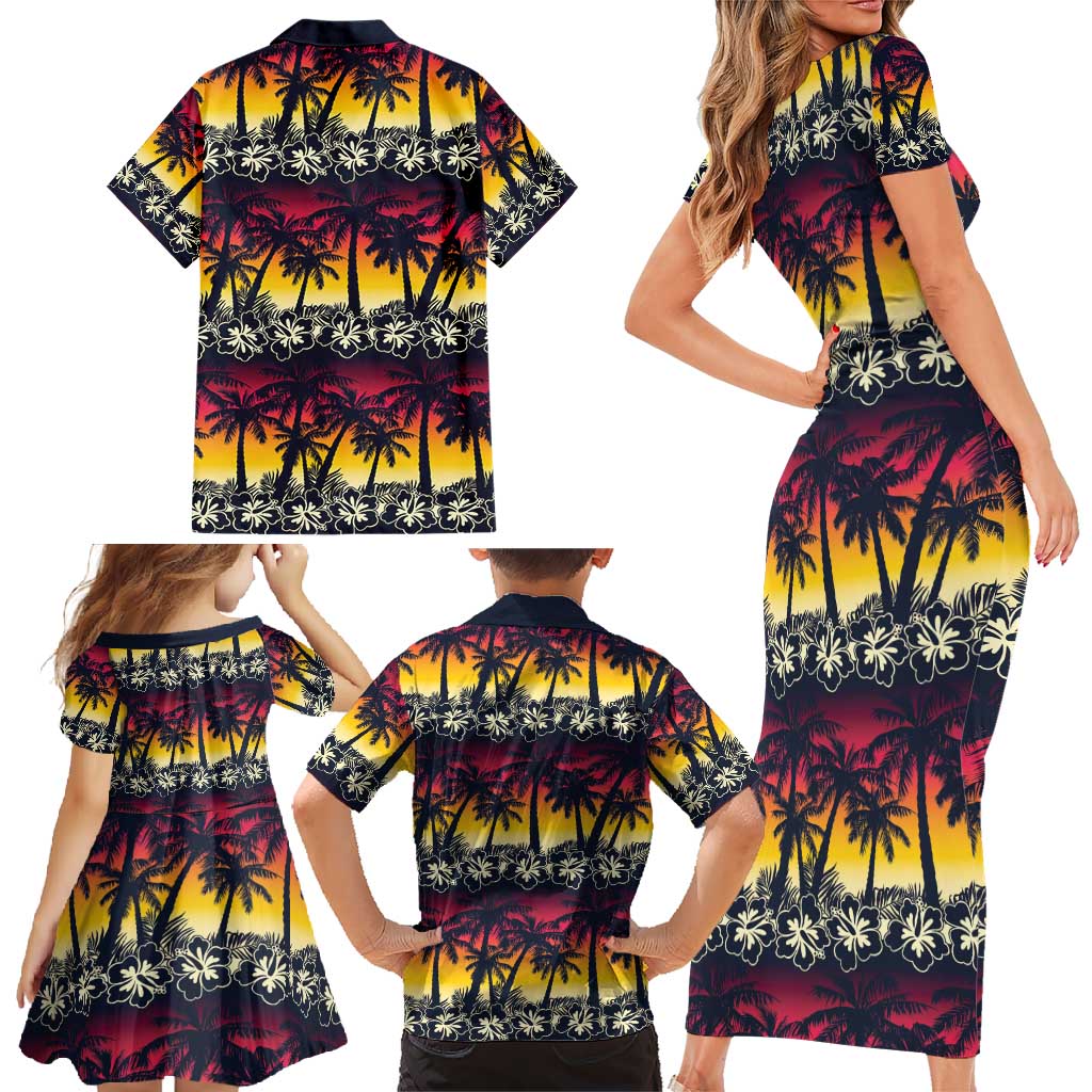 Hawaii Hibiscus Palm Tree Sunset Family Matching Short Sleeve Bodycon Dress and Hawaiian Shirt Tropical Style - Wonder Print Shop