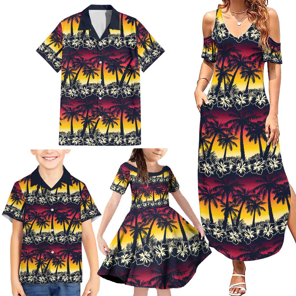 Hawaii Hibiscus Palm Tree Sunset Family Matching Summer Maxi Dress and Hawaiian Shirt Tropical Style - Wonder Print Shop