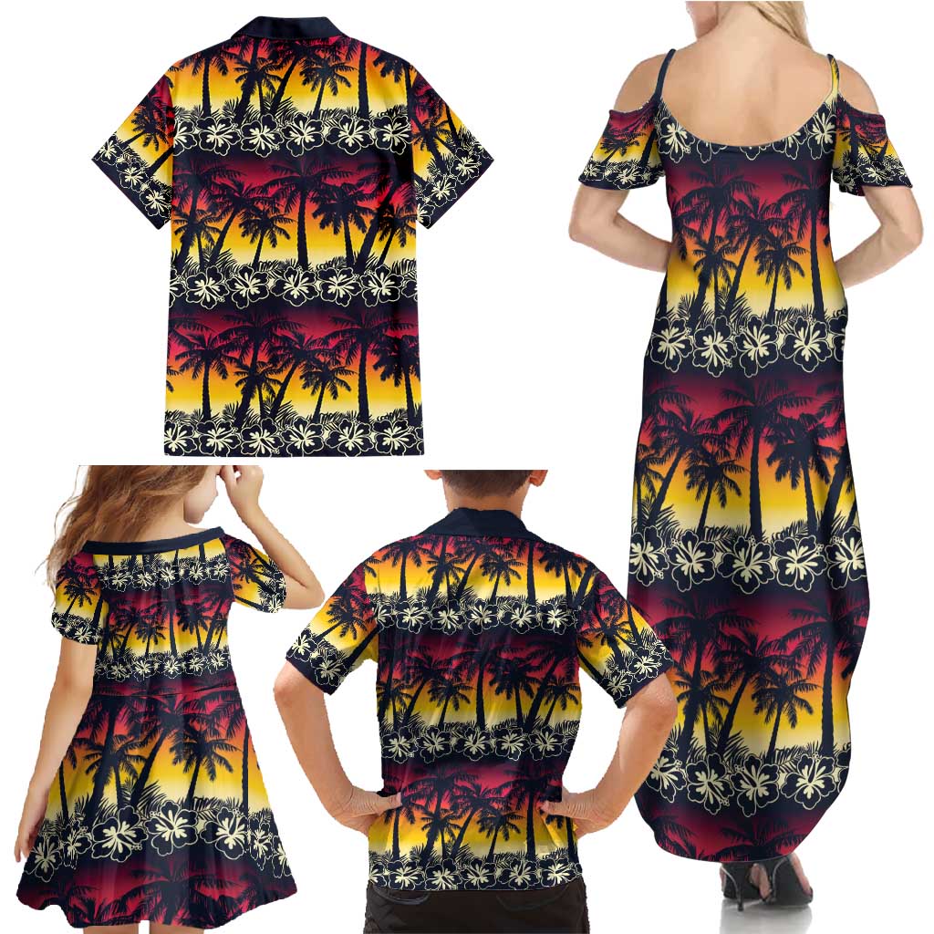 Hawaii Hibiscus Palm Tree Sunset Family Matching Summer Maxi Dress and Hawaiian Shirt Tropical Style - Wonder Print Shop