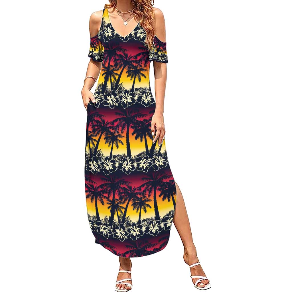 Hawaii Hibiscus Palm Tree Sunset Family Matching Summer Maxi Dress and Hawaiian Shirt Tropical Style - Wonder Print Shop
