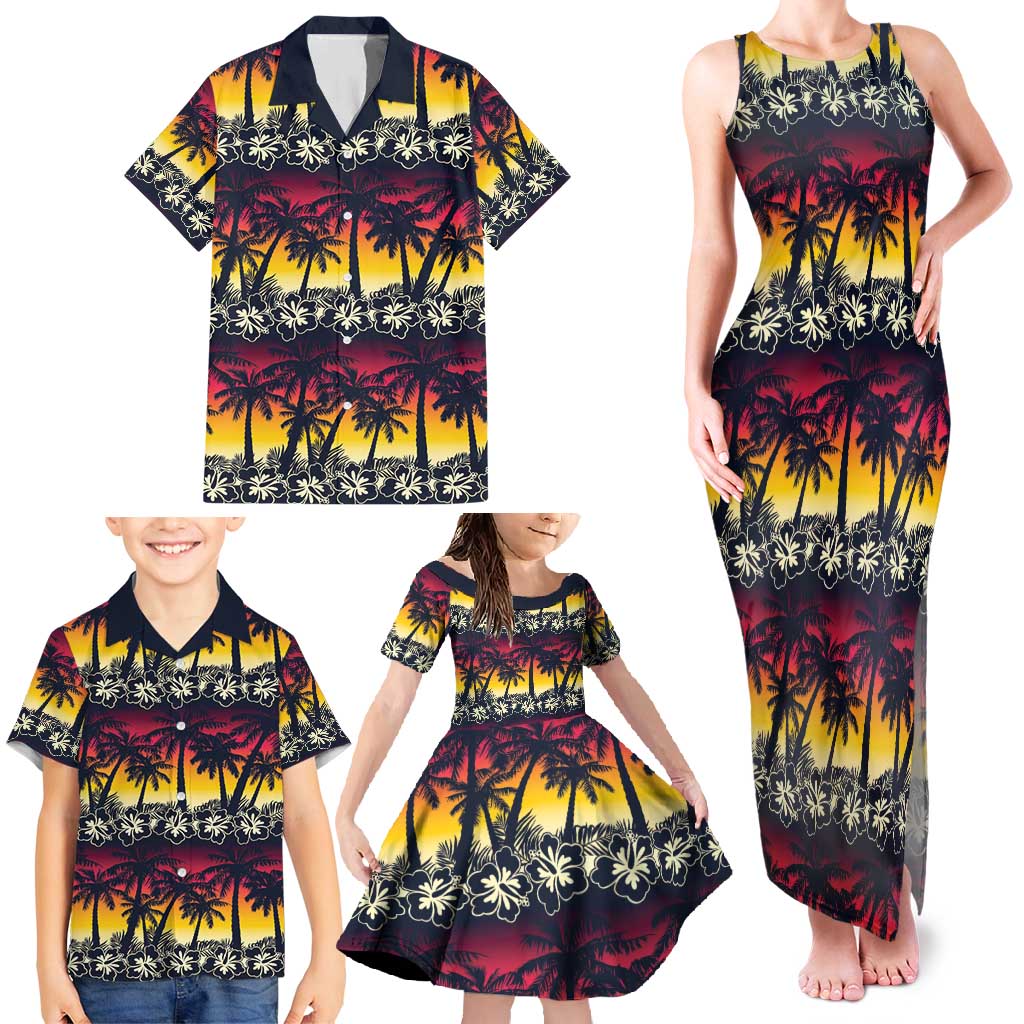 Hawaii Hibiscus Palm Tree Sunset Family Matching Tank Maxi Dress and Hawaiian Shirt Tropical Style - Wonder Print Shop