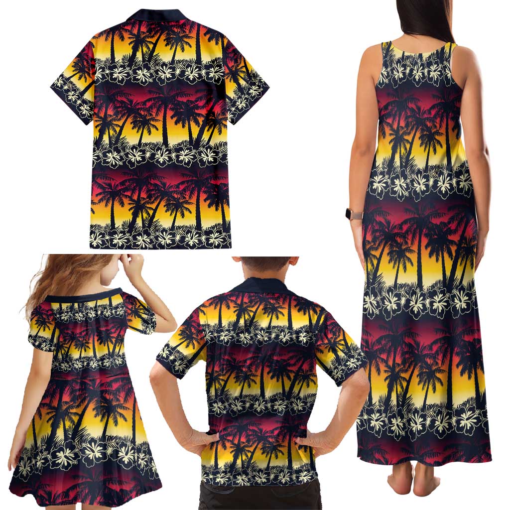 Hawaii Hibiscus Palm Tree Sunset Family Matching Tank Maxi Dress and Hawaiian Shirt Tropical Style - Wonder Print Shop