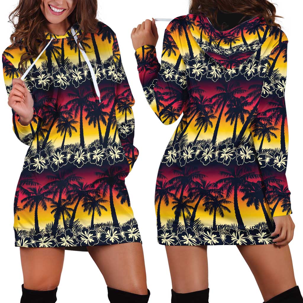 Hawaii Hibiscus Palm Tree Sunset Hoodie Dress Tropical Style - Wonder Print Shop