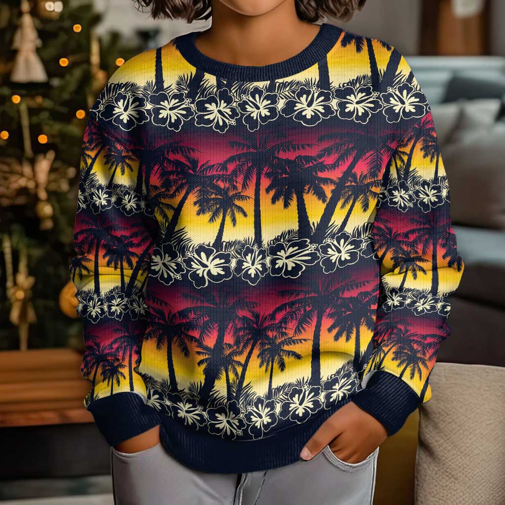 Hawaii Hibiscus Palm Tree Sunset Kid Ugly Christmas Sweater Tropical Style - Wonder Print Shop