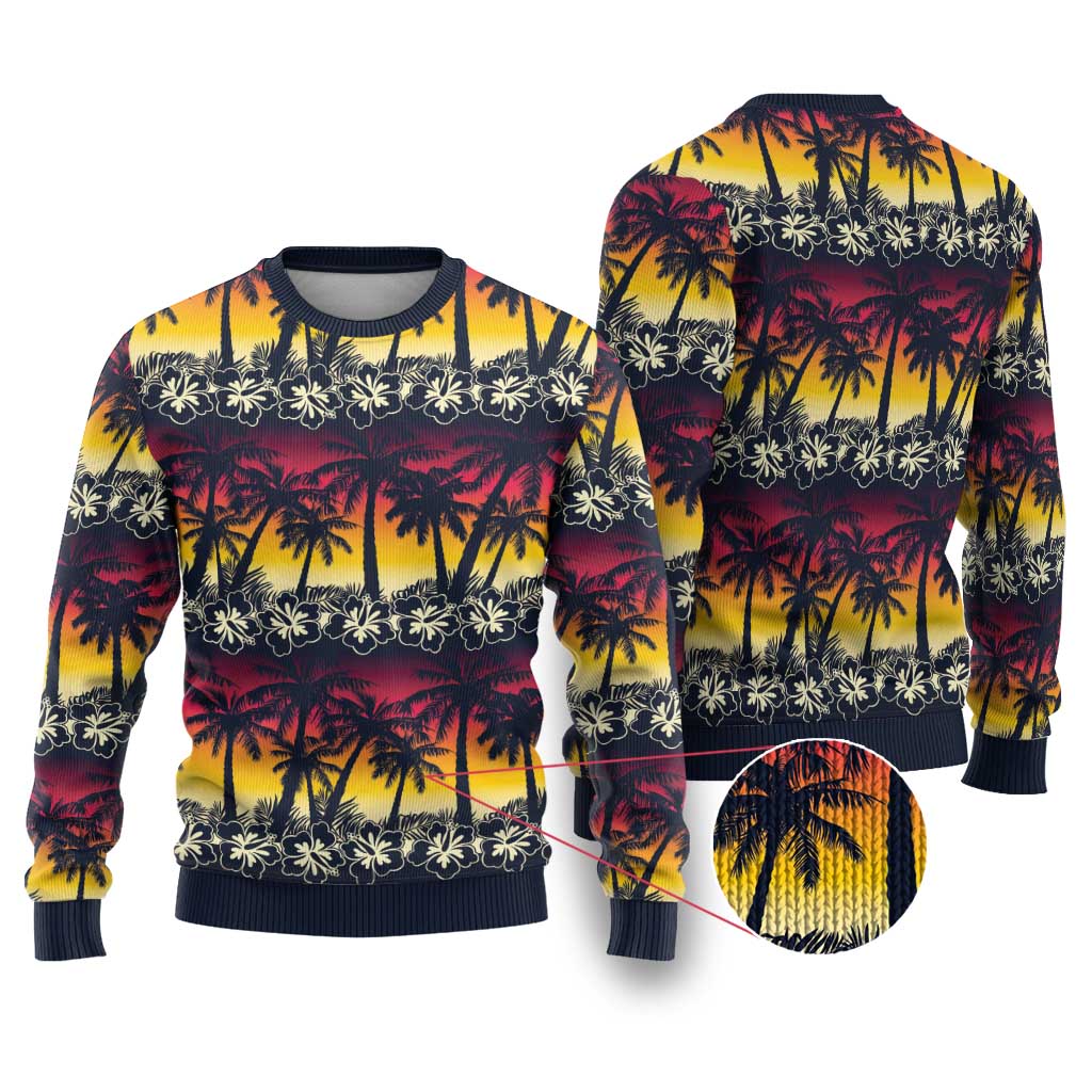 Hawaii Hibiscus Palm Tree Sunset Ugly Christmas Sweater Tropical Style - Wonder Print Shop