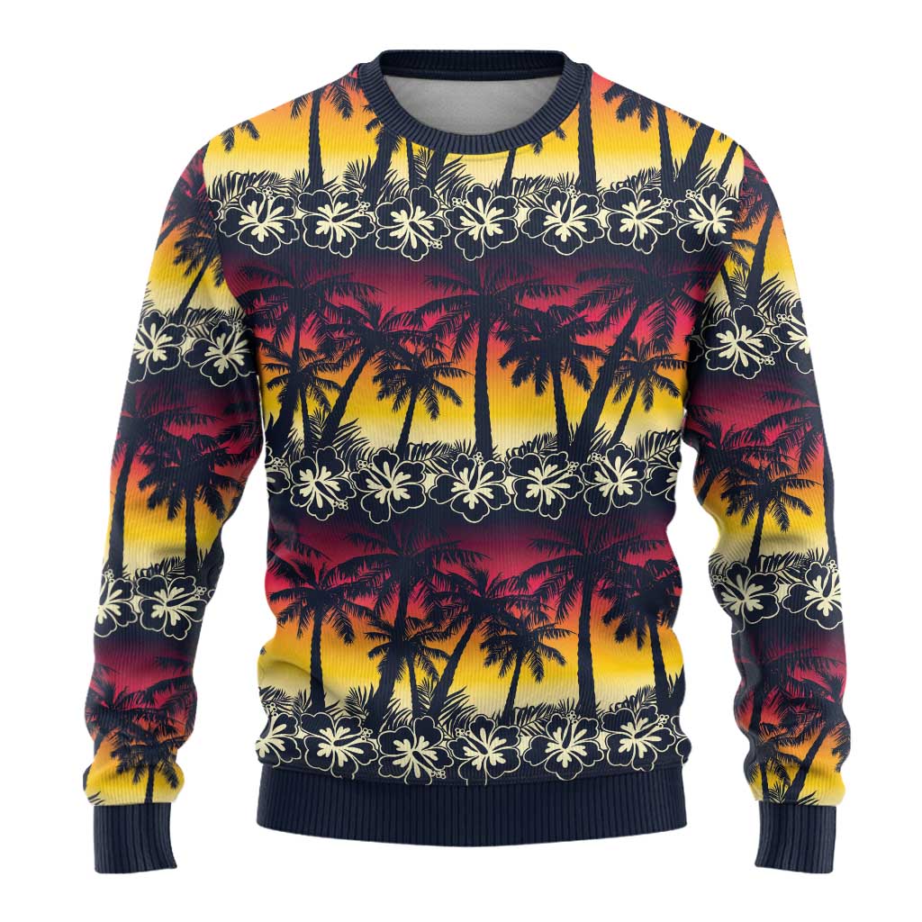 Hawaii Hibiscus Palm Tree Sunset Ugly Christmas Sweater Tropical Style - Wonder Print Shop