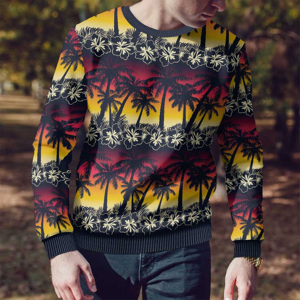 Hawaii Hibiscus Palm Tree Sunset Ugly Christmas Sweater Tropical Style - Wonder Print Shop