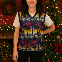 Hawaii Hibiscus Palm Tree Sunset Christmas Knitted V-Neck Vest Tropical Style - Wonder Print Shop