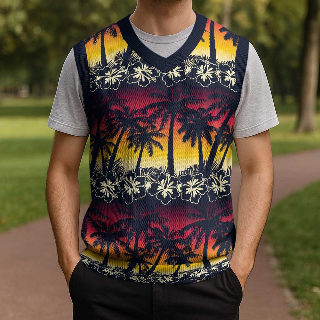 Hawaii Hibiscus Palm Tree Sunset Christmas Knitted V-Neck Vest Tropical Style - Wonder Print Shop