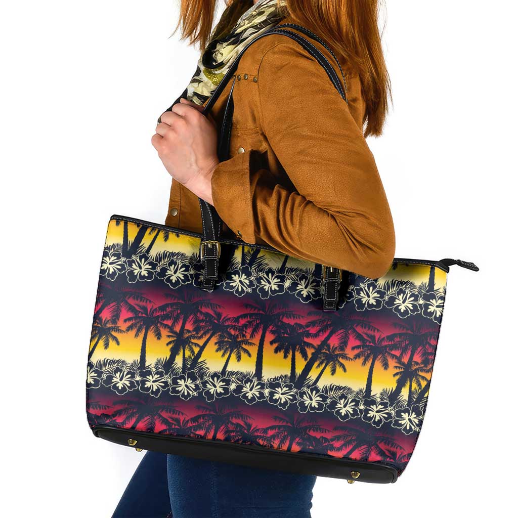 Hawaii Hibiscus Palm Tree Sunset Leather Tote Bag Tropical Style - Wonder Print Shop