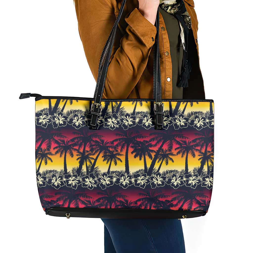 Hawaii Hibiscus Palm Tree Sunset Leather Tote Bag Tropical Style - Wonder Print Shop