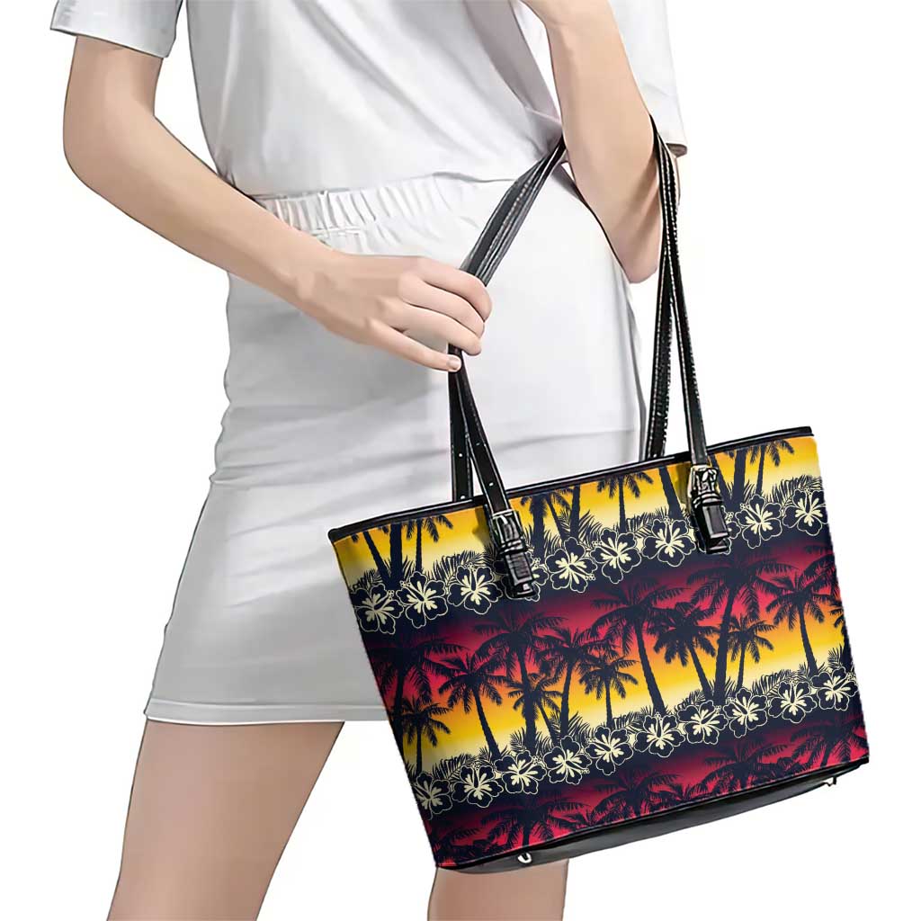 Hawaii Hibiscus Palm Tree Sunset Leather Tote Bag Tropical Style - Wonder Print Shop