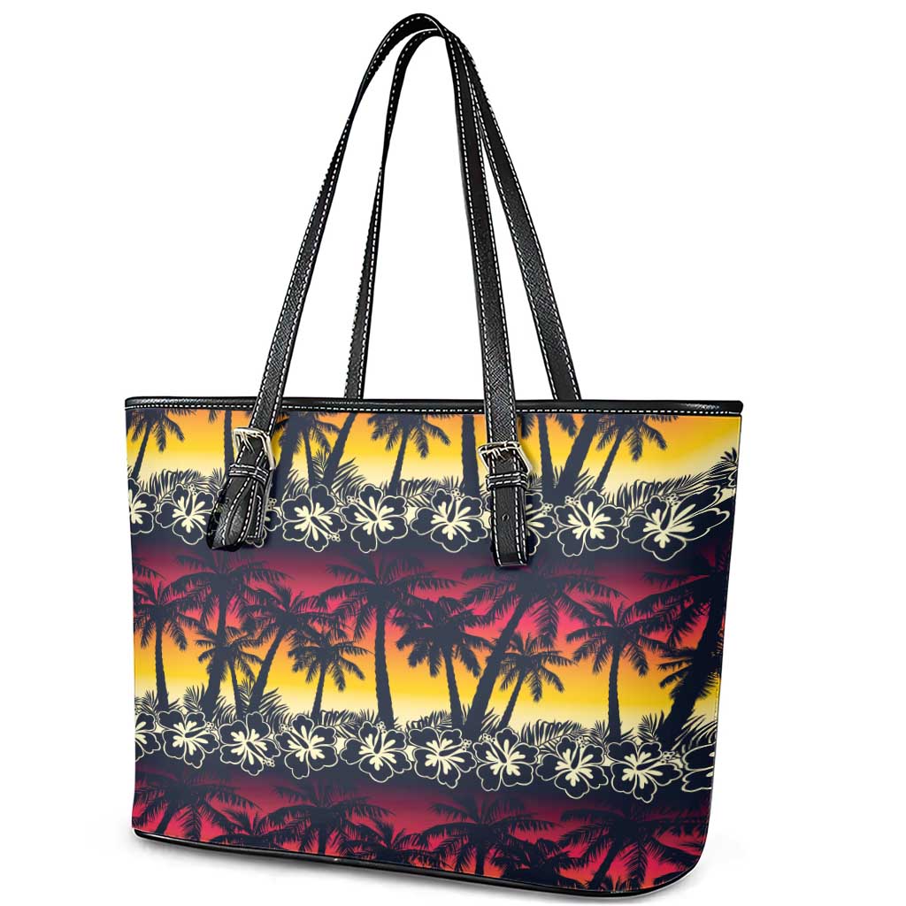 Hawaii Hibiscus Palm Tree Sunset Leather Tote Bag Tropical Style - Wonder Print Shop