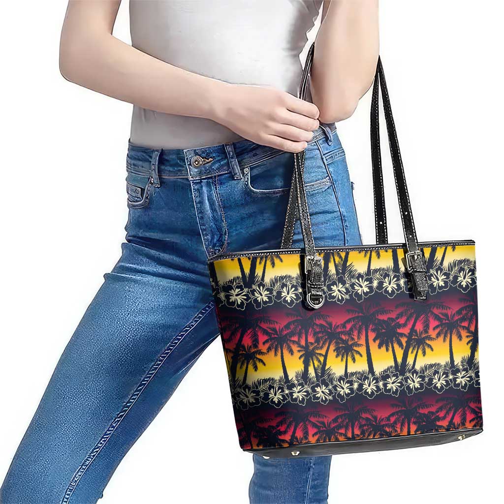 Hawaii Hibiscus Palm Tree Sunset Leather Tote Bag Tropical Style - Wonder Print Shop