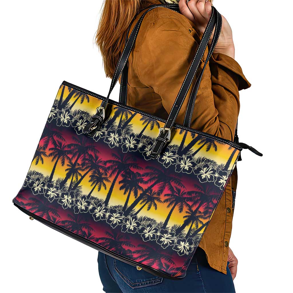 Hawaii Hibiscus Palm Tree Sunset Leather Tote Bag Tropical Style - Wonder Print Shop