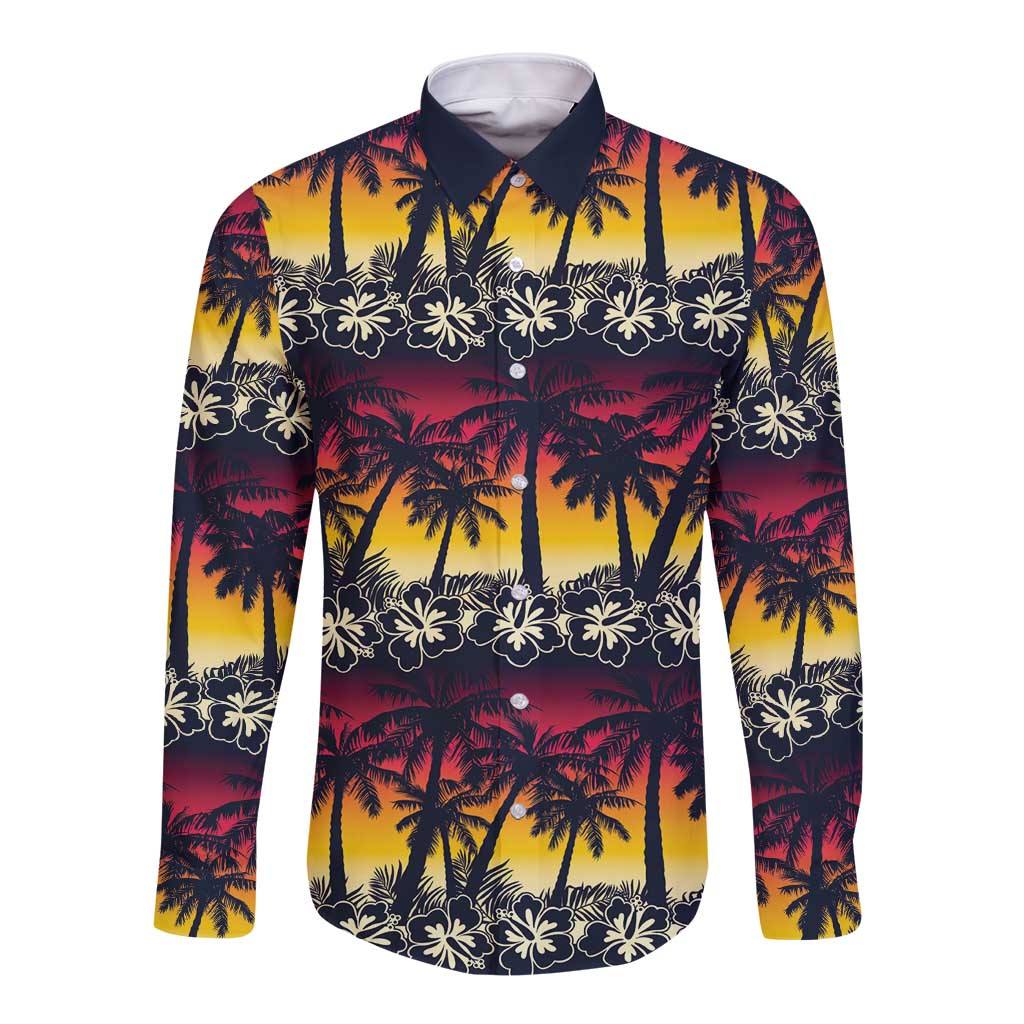 Hawaii Hibiscus Palm Tree Sunset Long Sleeve Button Shirt Tropical Style - Wonder Print Shop