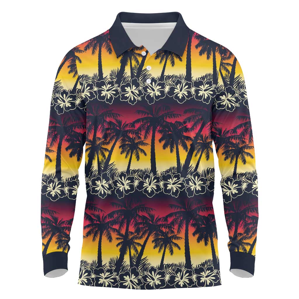 Hawaii Hibiscus Palm Tree Sunset Long Sleeve Polo Shirt Tropical Style - Wonder Print Shop