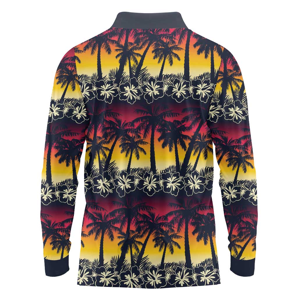 Hawaii Hibiscus Palm Tree Sunset Long Sleeve Polo Shirt Tropical Style - Wonder Print Shop