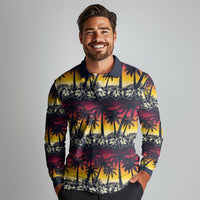 Hawaii Hibiscus Palm Tree Sunset Long Sleeve Polo Shirt Tropical Style - Wonder Print Shop