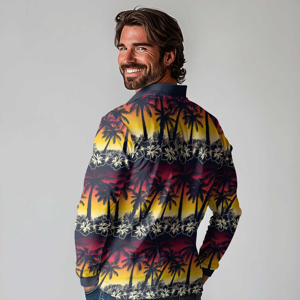 Hawaii Hibiscus Palm Tree Sunset Long Sleeve Polo Shirt Tropical Style - Wonder Print Shop