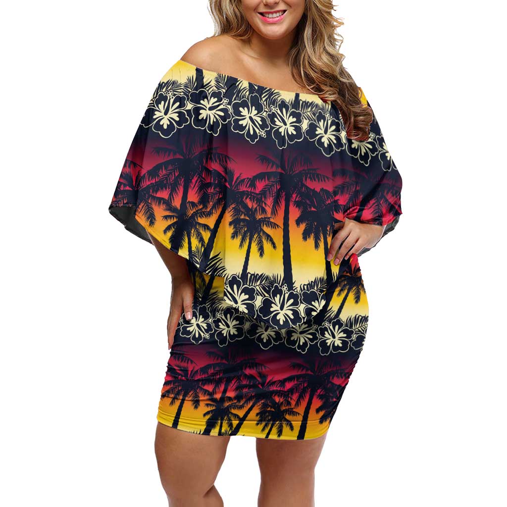 Hawaii Hibiscus Palm Tree Sunset Off Shoulder Short Dress Tropical Style - Wonder Print Shop