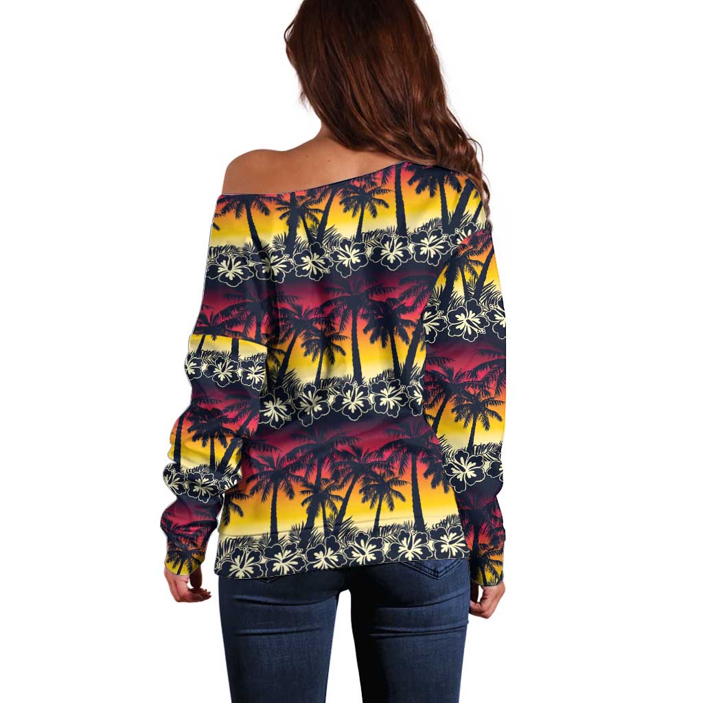 Hawaii Hibiscus Palm Tree Sunset Off Shoulder Sweater Tropical Style - Wonder Print Shop