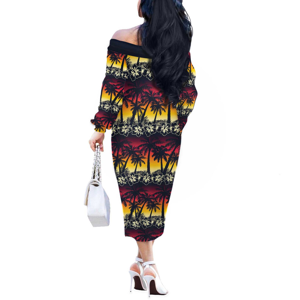 Hawaii Hibiscus Palm Tree Sunset Off The Shoulder Long Sleeve Dress Tropical Style - Wonder Print Shop