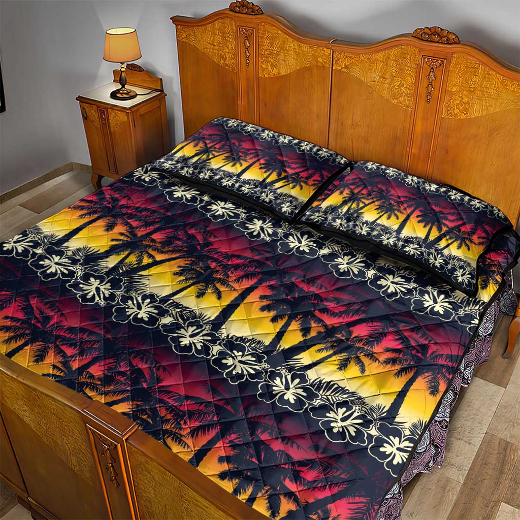 Hawaii Hibiscus Palm Tree Sunset Quilt Bed Set Tropical Style - Wonder Print Shop