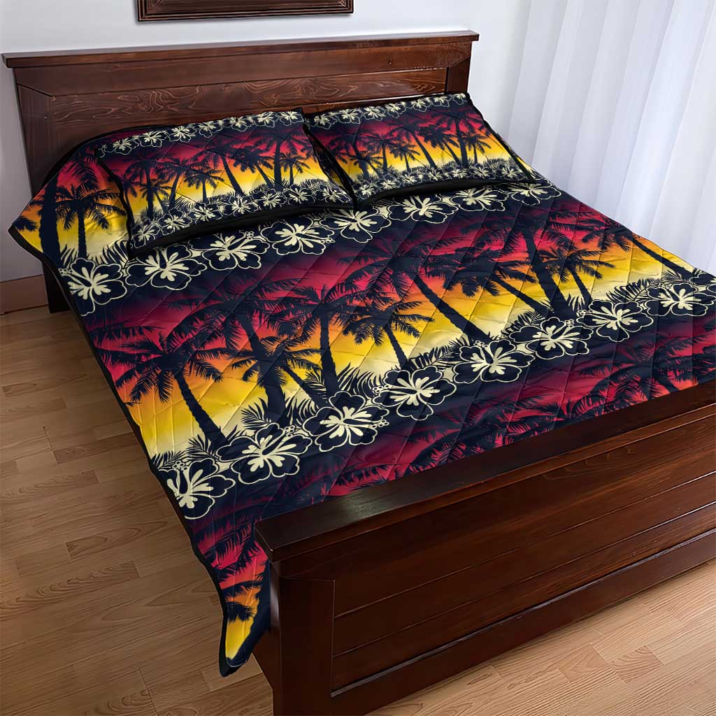 Hawaii Hibiscus Palm Tree Sunset Quilt Bed Set Tropical Style - Wonder Print Shop