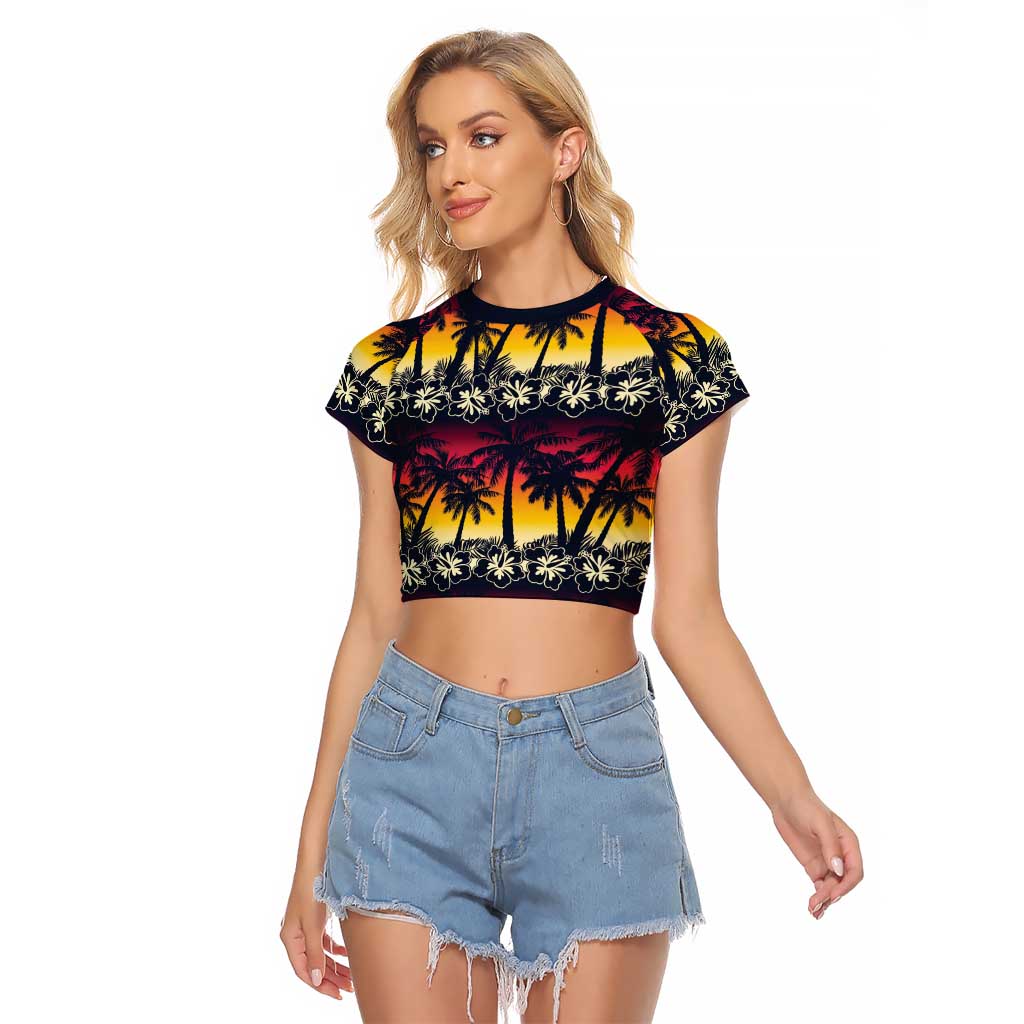 Hawaii Hibiscus Palm Tree Sunset Raglan Cropped T Shirt Tropical Style - Wonder Print Shop